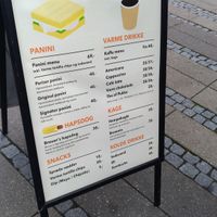 Here's the menu. I doubted it was vegan for a second, but I'm not Danish (yet). Haps is like snack. Snackdog. The latte is Dryk pea milk. I'm vegan latte obsessed. at Brouer's Madvogn in Ringsted
