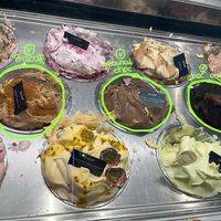 Left Vegan Biscoff, center Vegan Peanut Butter Choc Chunk, right Vegan Choc Oreo; Of course the sorbets are vegan too.  at Burleigh Gelato Co in Burleigh Heads