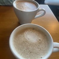 Hot chocolate on top and Chai on bottom. Both were good but cashew milk was not well blended   at Organic Garden Cafe in Beverly