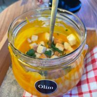 Vegan Carrot Cumin Soup with croutons at Olim in Nice