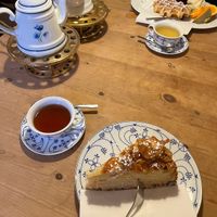 Vegan cake in front. Non vegan waffle   at Teestübchen im Schnoor in Bremen