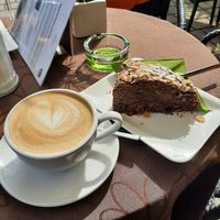 Oat milk cappuccino + vegan cake at Cafe Kostbar in Berchtesgaden