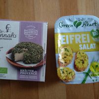 Cheese alternative from cashews and herbs (left) and egg-free spread (right) at Globus Naturkost in Eberswalde