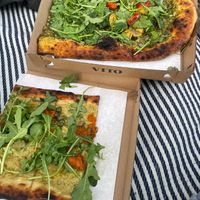 Two pieces, one with vegetables and Pesto and one with leek cream and carrot lax  at VITO in Basel