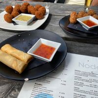 Vegan snacks (vegan bitterballen, loempia’s and curry bites) at Noderstraun in Schiermonnikoog