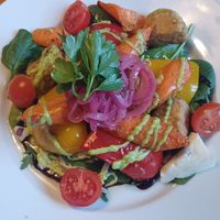 Vegan lunch with seitan, grilled veggies and kidney bean hummus. at Café Zorn in Mora