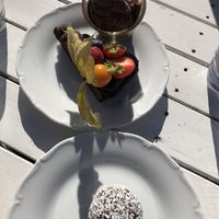 Chocolate cake, chocolate ice cream, chocolate ball all vegan  at Café Zorn in Mora