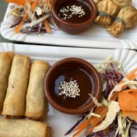 Starters: spring rolls and money bags  at Yoya's Thai Kitchen in Albufeira