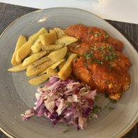 Soutzoukakia (sausage-like made with mashed chickpeas in tomato sauce)  at Avocado in Rhodes
