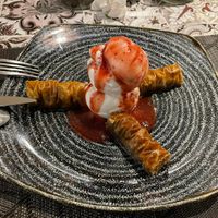 Vegan baklava with ice cream and strawberry sauce  at Avocado in Rhodes
