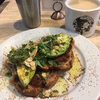 Avocado toast, juice, and a latte  at Prasad - Pearl District in Portland