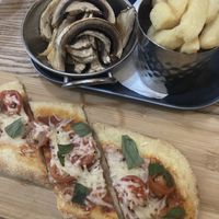 Flatbread, mushrooms, and chips  at The Rabbit Hotel in Templepatrick