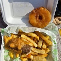 Vegan battered sausage, pineapple fritter and chips. at Elliot's Fish & Chips in Hunstanton