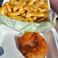 Chips, pineapple fritter. at Elliot's Fish & Chips in Hunstanton