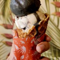 Ash caramel, cookies, and cream in a gluten-free waffle cone. at Frankie & Jo's - University Village in Seattle