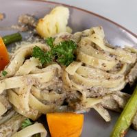 creamy vegan mushroom pasta 🫶🏻  at Planet One in Arbon