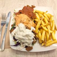 Wöner dish with french fries at Veganbar in Bremen