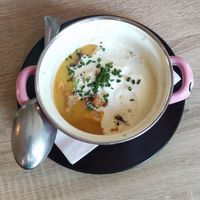 Seasonal vegetable soup with vegan cream topping, very good at Stadtheuriger in Mariazell