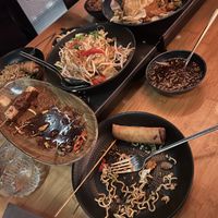 Tofu skewers, peanut veg, spring rolls   at Sampurna in Amsterdam