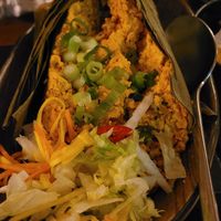 Minced Tofu with lemon basil grilled in a banana leaf at Sampurna in Amsterdam