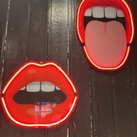 Neon lights inside the restaurant   at Suppugarudurin in Torshavn