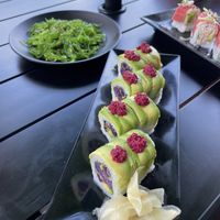 Seaweed salad + Royal Potato Roll  at Wellness Sushi in Denver