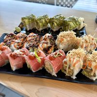 Dancing green roll (back), Kakiage supreme (left), Tokyo drift (right) & hot flamingo (bottom)  at Wellness Sushi in Denver