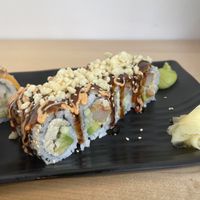 Ebi tempura roll. Really nice savory flavor, textures are spot on with the lightly fried tempura and the crisps on topp  at Wellness Sushi in Denver