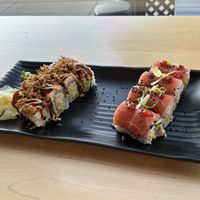 Crunchy crab roll and hot flamingo roll  at Wellness Sushi in Denver