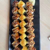 Left to right: Ohnagi roll (awesome green bean tempura), fiery Philly roll (not very good imo), and krunchy crab roll (really nice, the crab is a really interesting texture)  at Wellness Sushi in Denver