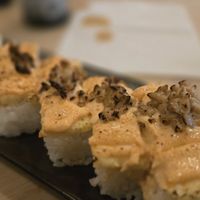 Tomago natto  oshi roll (did not have a strong natto flavor) at Wellness Sushi in Denver