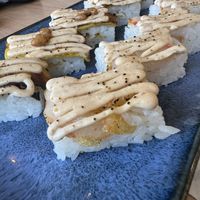 Ebi tempura oshi (front) and natto tamago oshi (back)   at Wellness Sushi in Denver