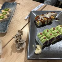 Clockwise from left 1. All Krab Oshi 2. Smoky Sake 3.  Royal Potato Roll (originally came with 8 pieces each)
   at Wellness Sushi in Denver