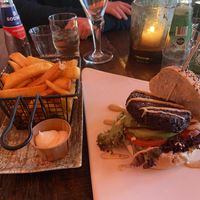 Vegan beet root burger: a bit bland. The fries were good though  at De Zeemeeuw in Noordwijk