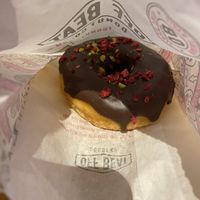 brioche donut with chocolate glaze, freeze dried raspberries and pistachio crumbles!  at Offbeat Donut Co in Dublin
