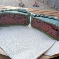 Sardinian Panada appetizer with white beans, beets, pistachio, cabbage at Vegamare in Alghero