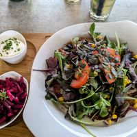Sweet potato rösti (under the salad) with Beets and vegan fresh cream at Altes Backhaus in Bleialf