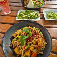 Gebratene Udonnudeln mit Gemüse und Tofu, Edamame, Reis mit Pilz-Sojasauce und veganer Ente at Veganese Quan Chay in Leipzig