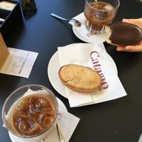 Cafè leccese, vegan pasticciotto on the bottom and vegan fruttone on top.   at Caffè Alvino in Lecce