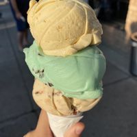 Captain crunch, mint chocolate chip and salted peanut fudge in a waffle cone. This is a medium sized gelato!  at La Dolce Vita in Oakville