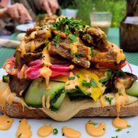 Oesterzwam gyros op toast met hummus at Camping Noorderloo in Groningen