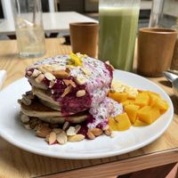 Pancakes and cashew milk iced matcha   at KURUMI in Da Nang