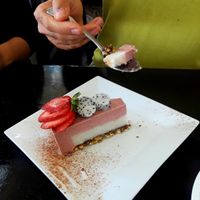creamy dreamy dessert.  This one is strawberry dragon fruit with mochie. at Jonny NoBones at the Old Riverhouse Vegan Village in Fort Lauderdale