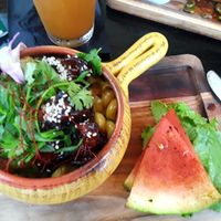Unquestionably another of my Favs --the Mac-N-Cheese with Smoked Burnt Ends.  A barbq lover will understand why this vegan version is important.  Creamy, , smokey, comforting. at Jonny NoBones at the Old Riverhouse Vegan Village in Fort Lauderdale