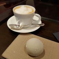 Coffee latte ( soy milk) with daifuku at Toraya in Paris