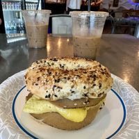 “Get That” breakfast sandwich on an everything bagel + Oreo latte   at Buddha's Brew in Mesa