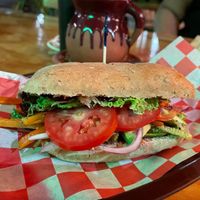 Chorizo and grilled veggies sandwich with hot cocoa at BaoVegan in Cancun