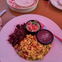 Tofu scramble with vegan chorizo. It also had black bean and guacamole. I also asked for some salsa piquante. at BaoVegan in Cancun