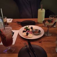 Pancake with fruits and Tiramisu, accompanied by a Christmas inspired cocktail and a banana / avocado smoothie. at Duli in Shanghai