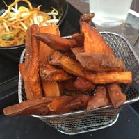 Stir-fried noodles and sweet potato fries at Baotime in Lyon